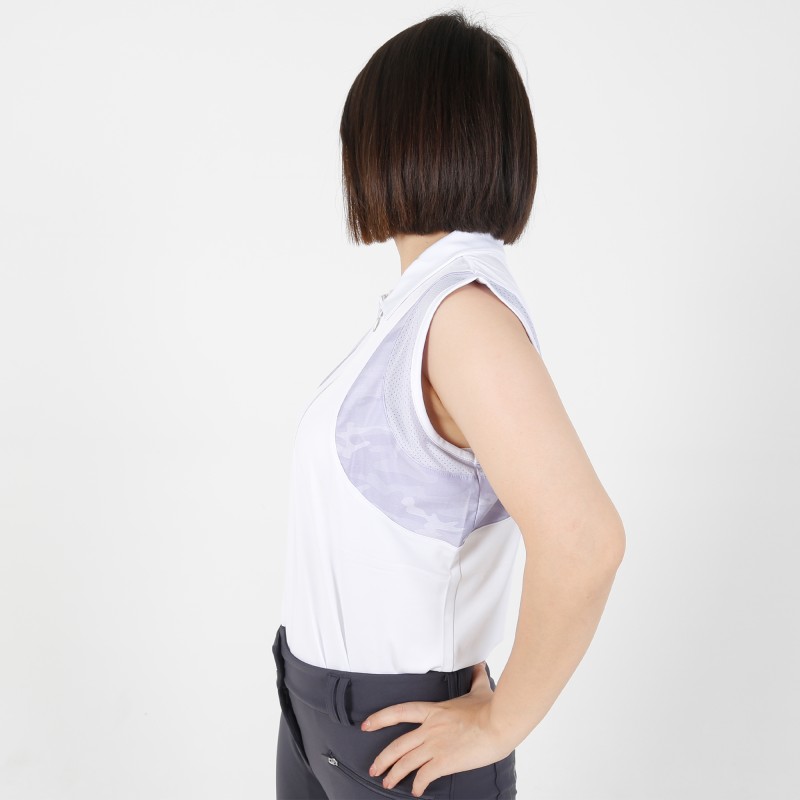 EQ-Sleeveless 02 Camoflage Print Patch White Equestrian 1/4 Zipped Up Polo Sleeveless Base Layer 